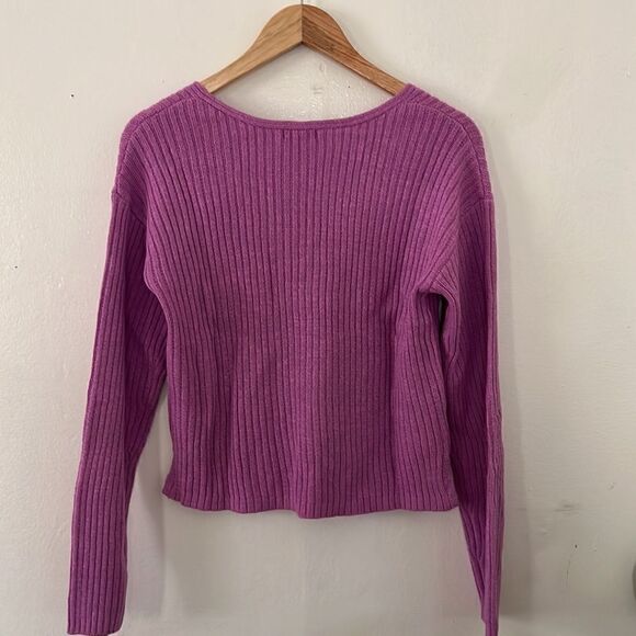 Wild fable Pullover Ribbed Neon Purple Sweater V Neck Side Slits Casual - Picture 4 of 4